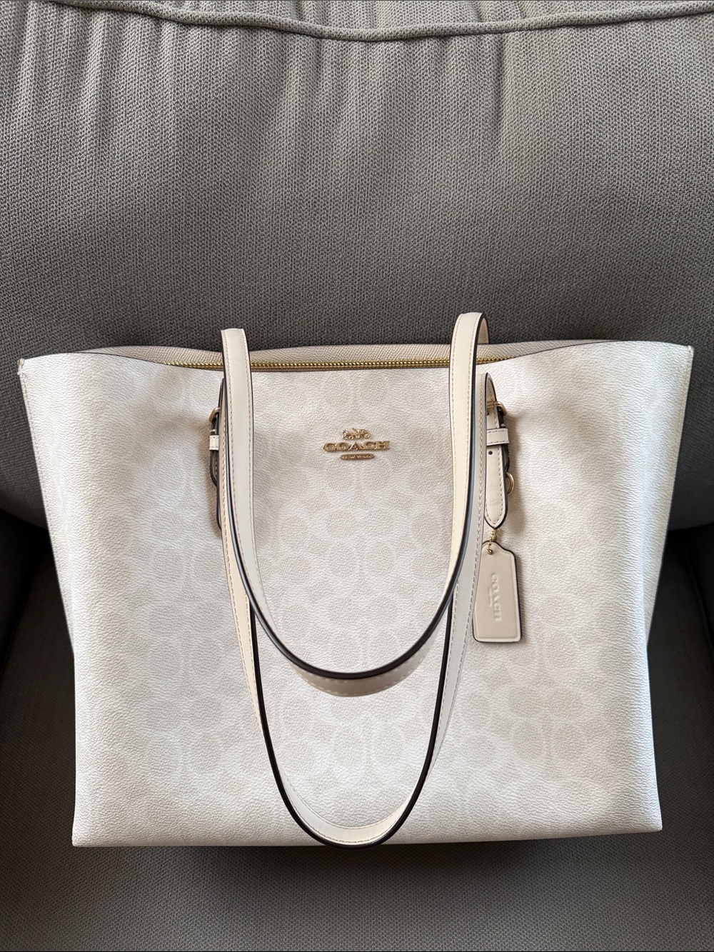 Coach Cream Signature Canvas Tote with Gold-Tone Logo